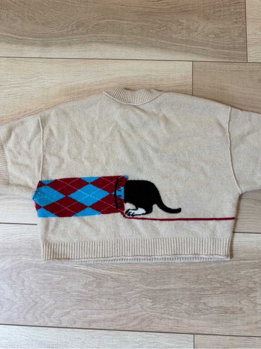 Anthropologie Beige Crewneck Sweater with Red & Blue Dachshund Motif - Picture 2 of 3